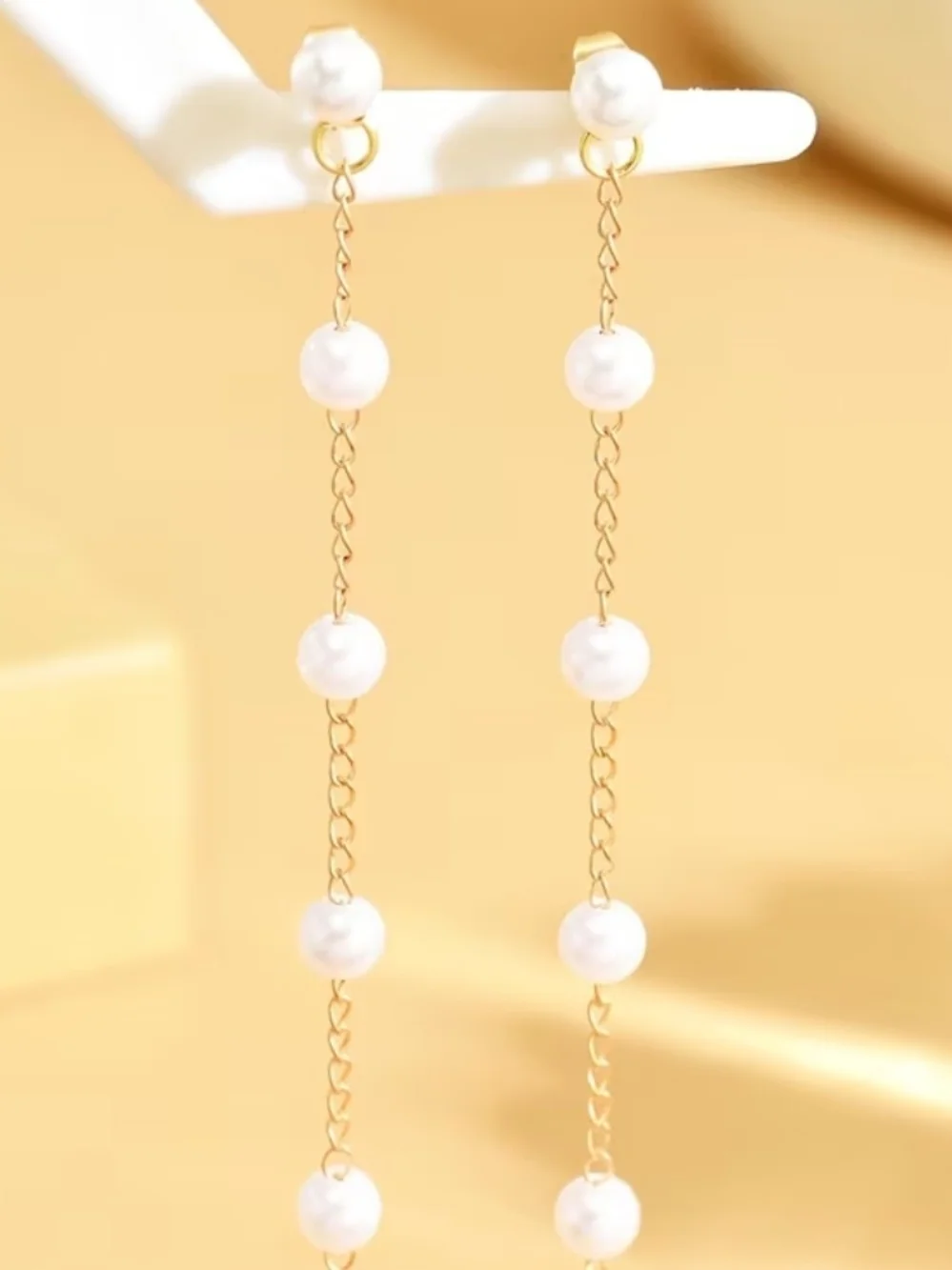 Pearl Drop Gold Chain Earrings - White Pearls